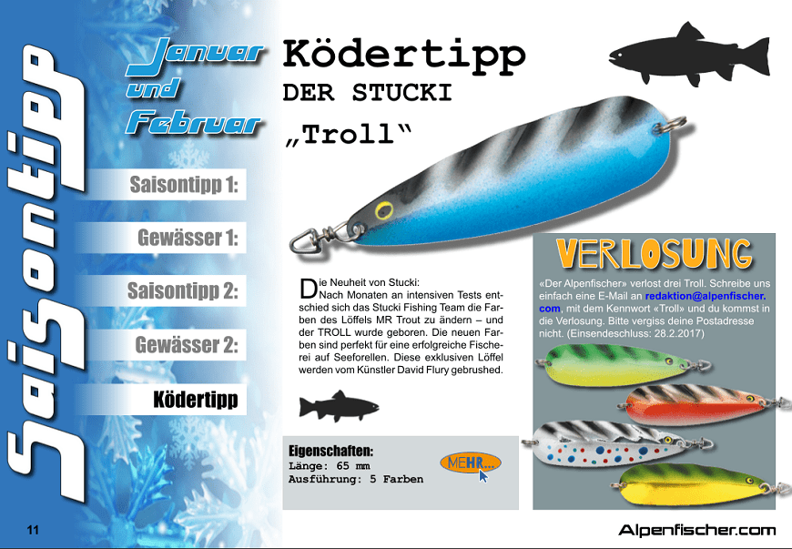 Anglerwettbewerb, Ködertipp, Alpenfischer, Spinnköder Stucki, Troll-Löfel